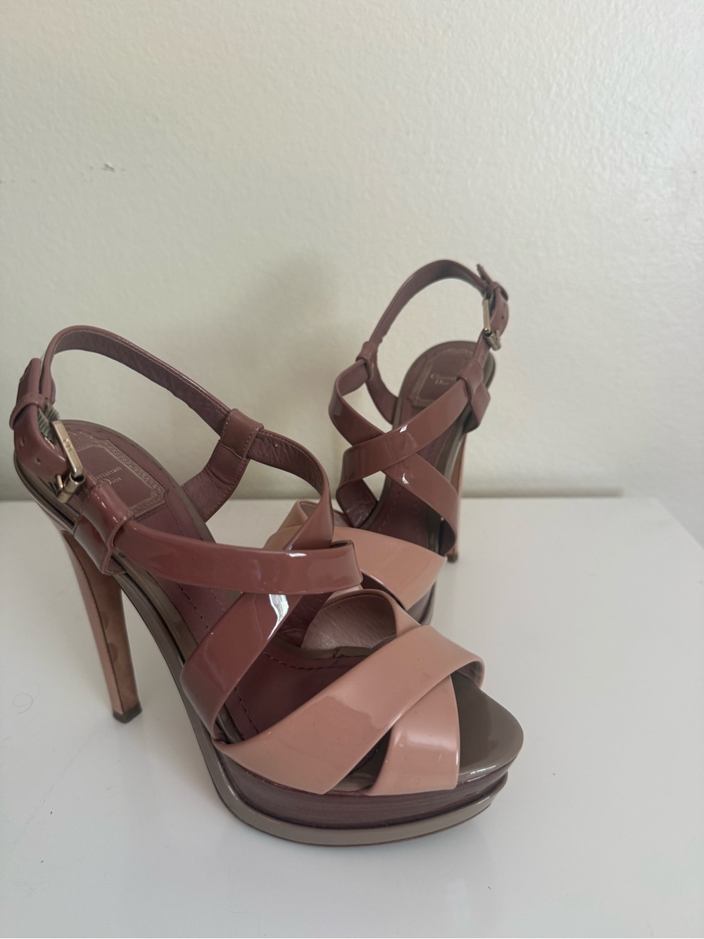 Christian Dior Women’s Patent Leather Strappy Platform Sandals - Pink/Brown